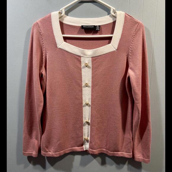 Nina Leonard Tops - Womens Nina Leonard Long Sleeve Top, Size Medium Pink / White Casual Or Dress Up